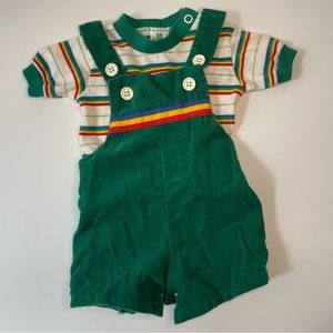 Vintage Newborn Overalls Outfit Green Corduroy Rainbow Striped Shirt Boy Or Girl